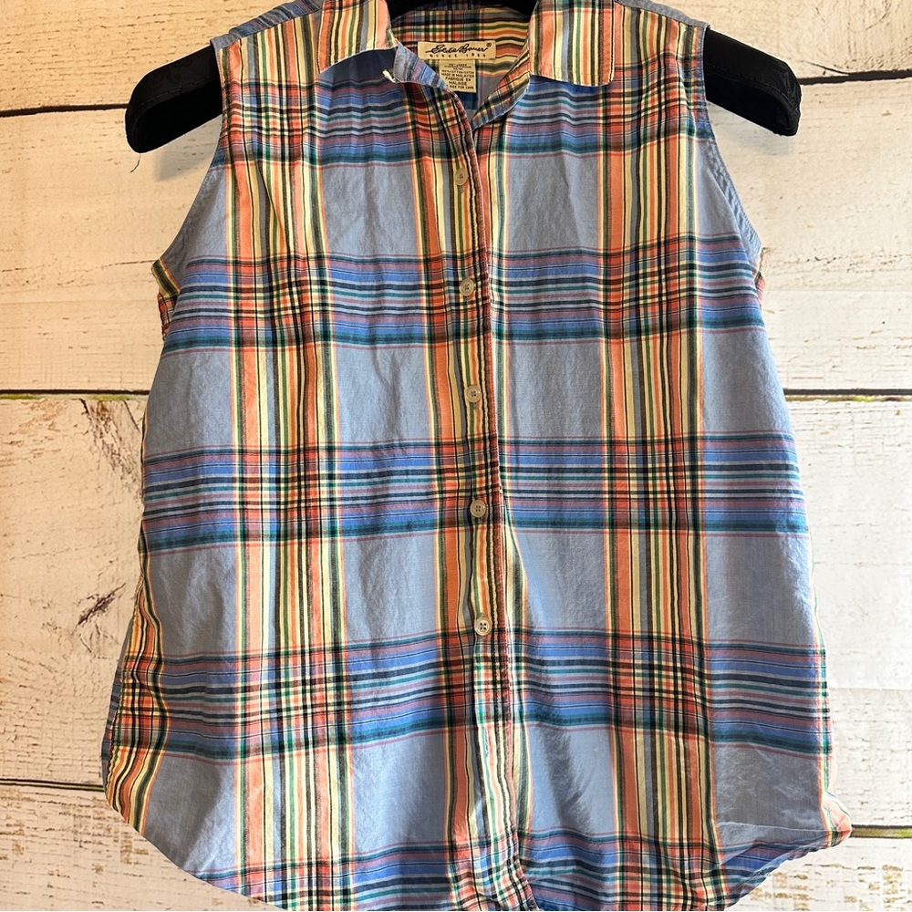 EDDIE BAUER  Multicolor Plaid Sleeveless Shirt in Blue, Coral, and Yellow Size M